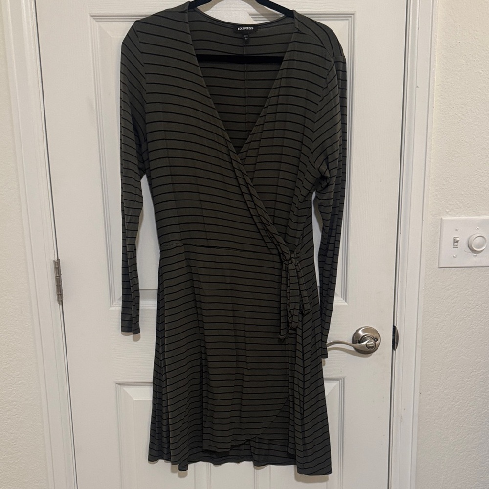 Express Olive and Black Striped Long Sleeve Wrap Dress